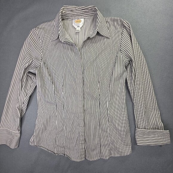 Talbots Shirt Womens 8 Small Black White Stripe Stretch Button Down Top Office - Picture 11 of 11